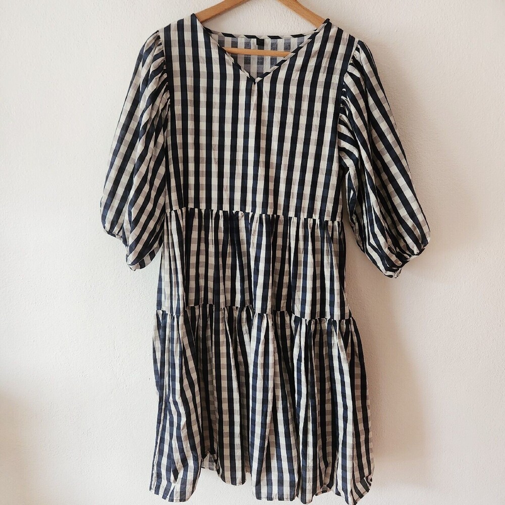 Gingham Puff Sleeve Tiered Peasant Prairie Midi Boho Navy Blue Gray Dress EUR 32